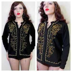 Vintage 80s Black Beaded Lambswool Angora Sweater Cardigan S Small MCM Deco VLV